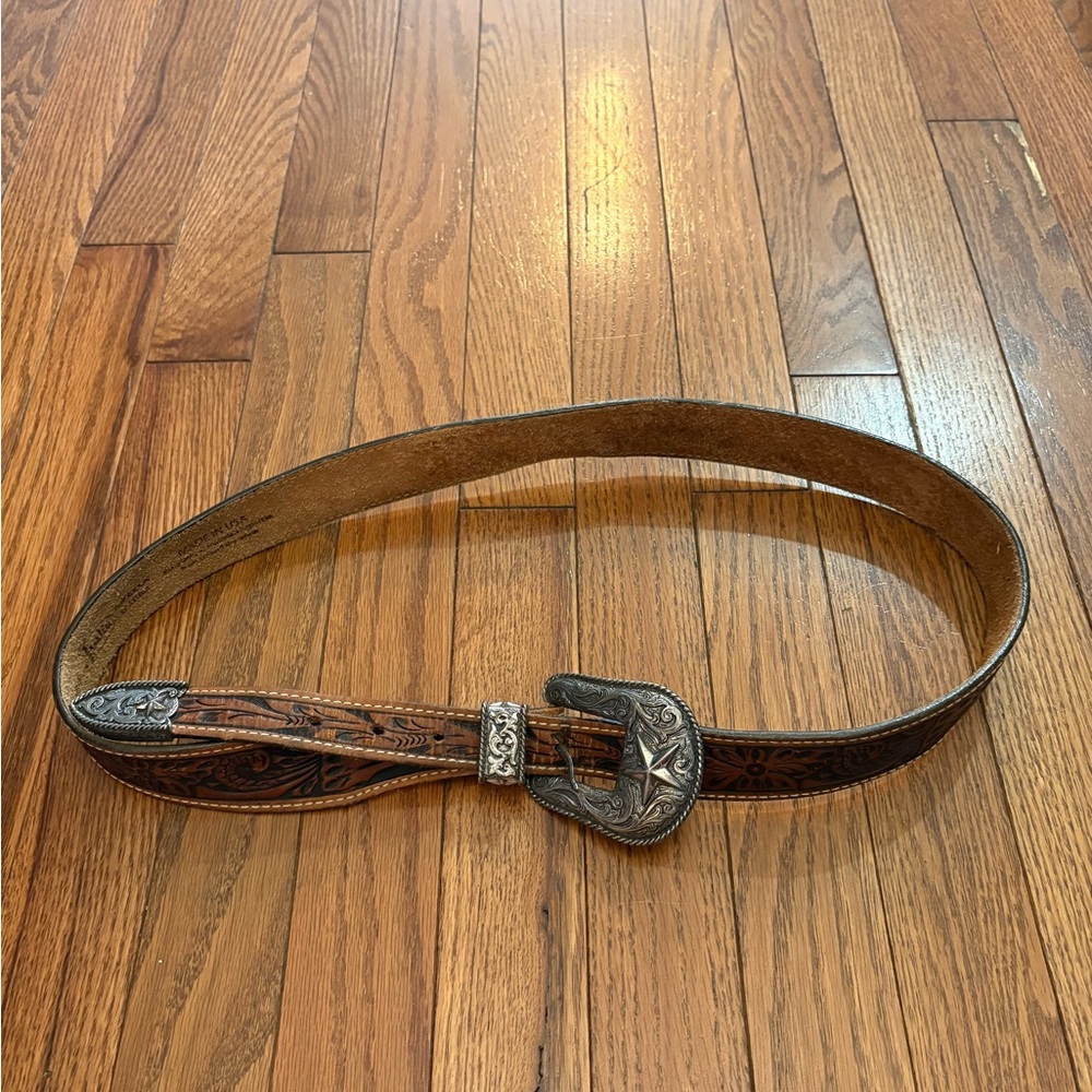Justin Brown Leather Western Belt with Silver Buckle